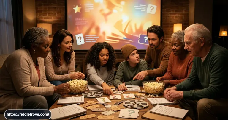 Friends solving movie riddles with popcorn and a cinema screen