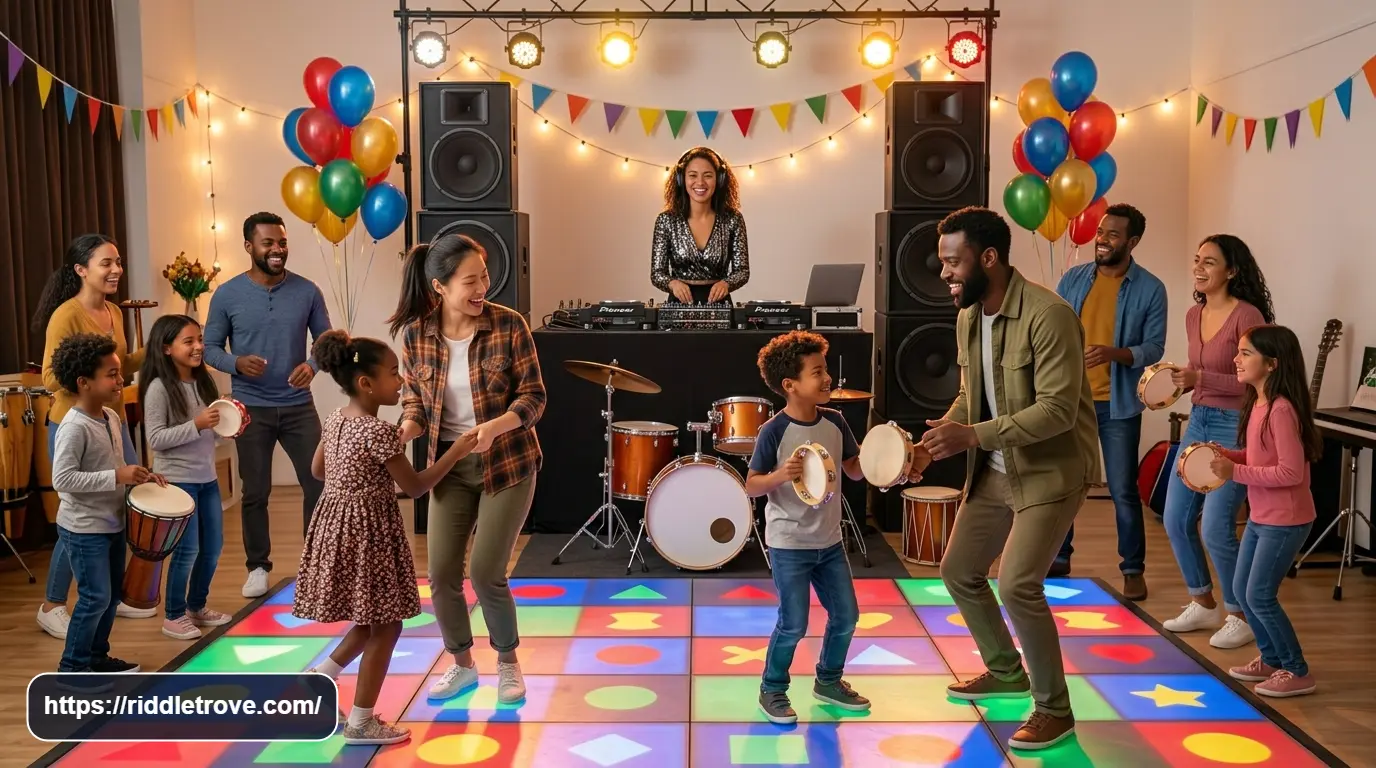 Music and dance party riddles with people dancing, a DJ, speakers, drums, and festive decorations.