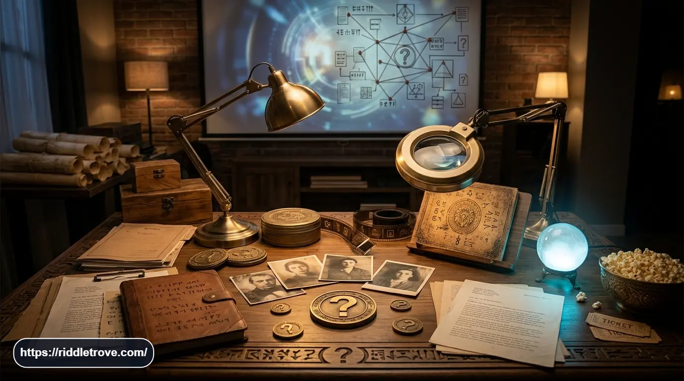 Mystery, crime and drama TV show riddles with detective clues and case files