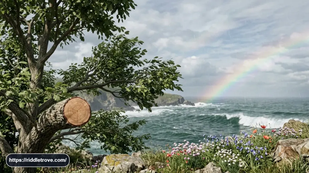 Tree clouds rain ocean and flowers representing nature riddles