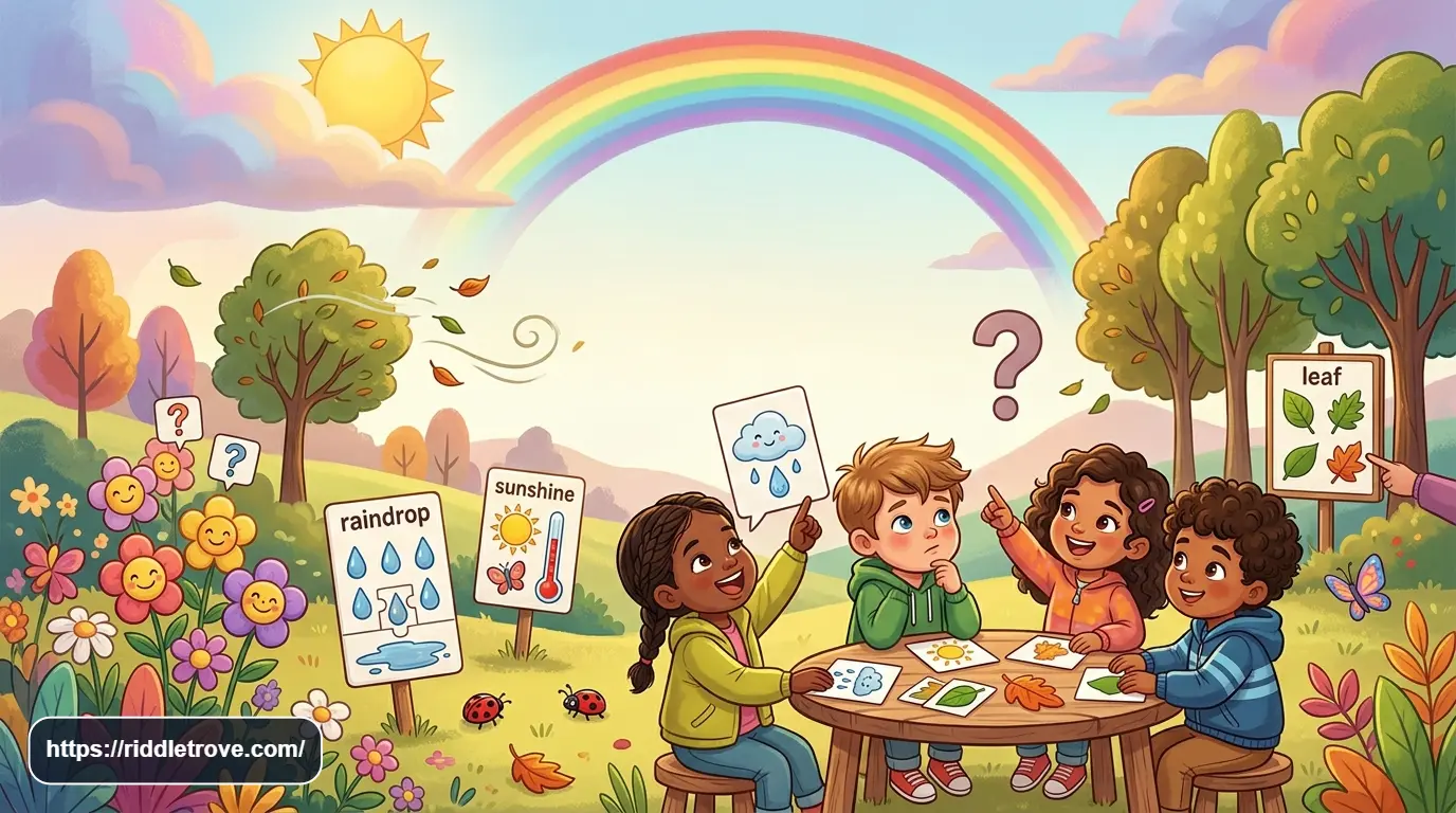 Preschool children solving nature and weather riddles with clouds, rain, flowers, trees, and a rainbow