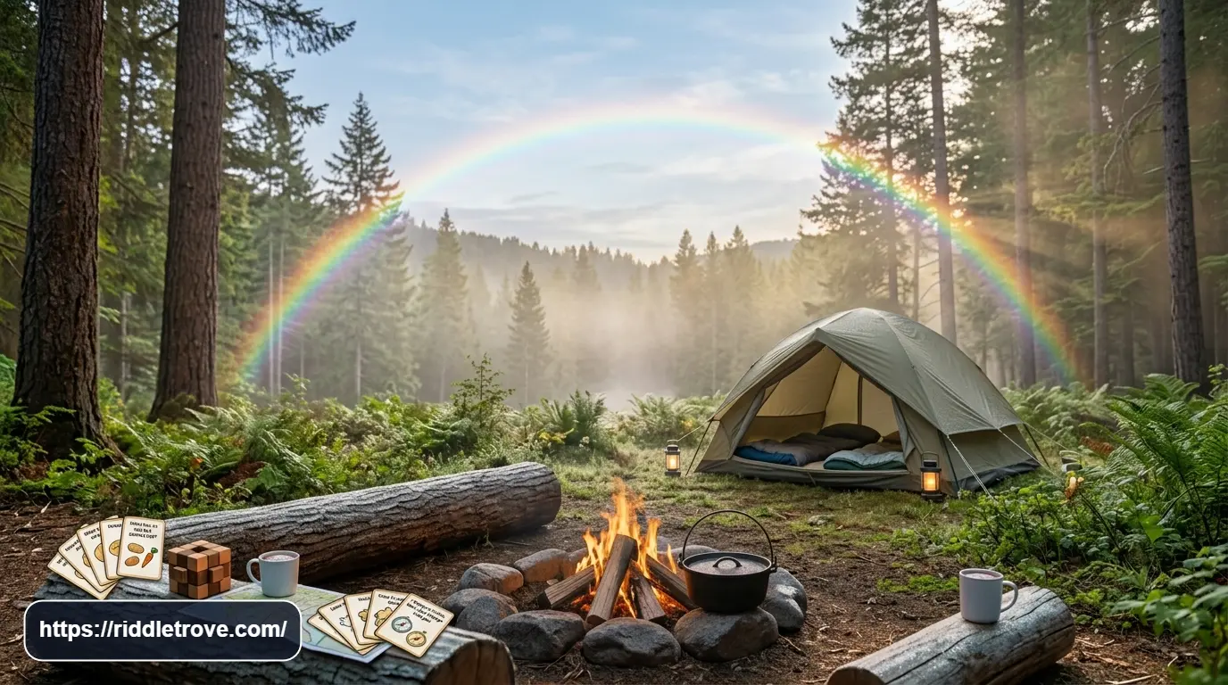 Forest campsite with pine trees, morning dew, mist, and a rainbow after rain.