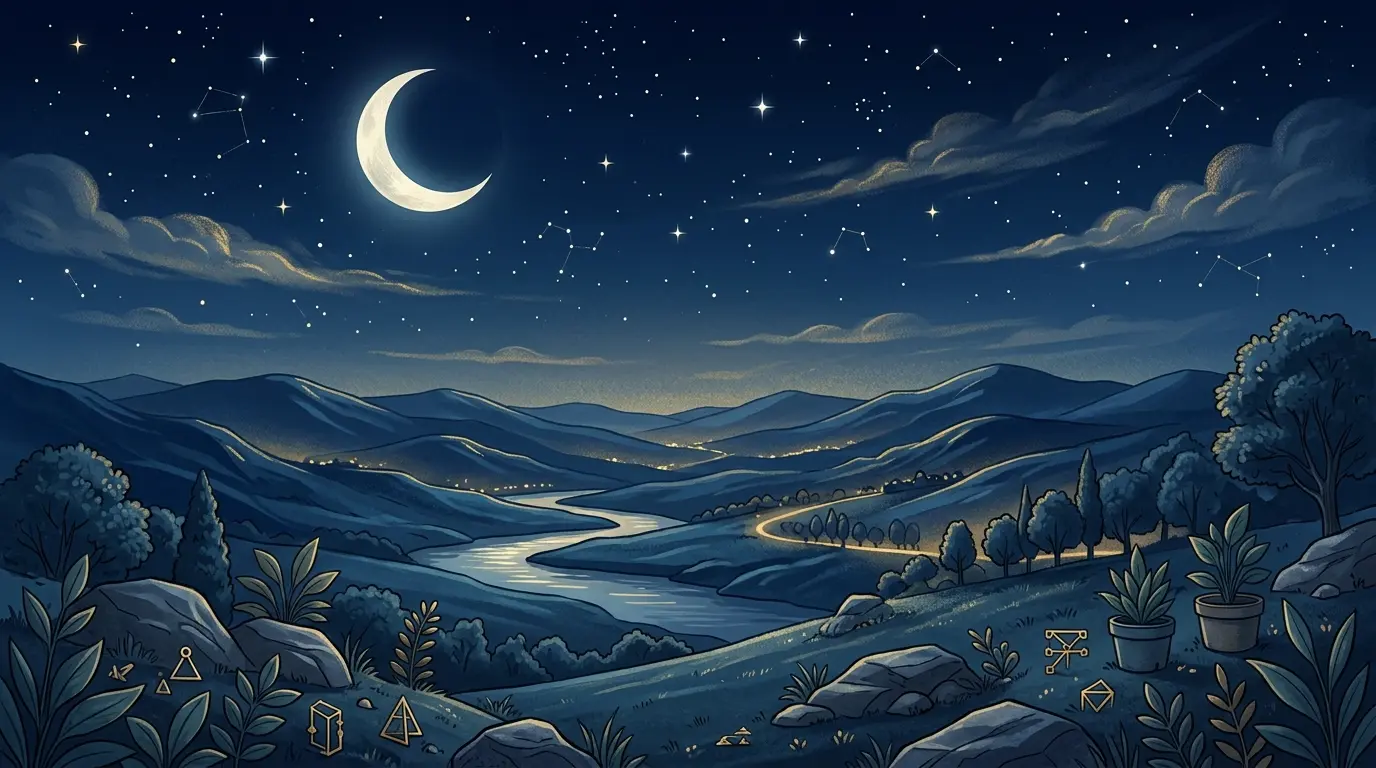 Glowing moon and stars above distant hills under a clear nighttime sky.
