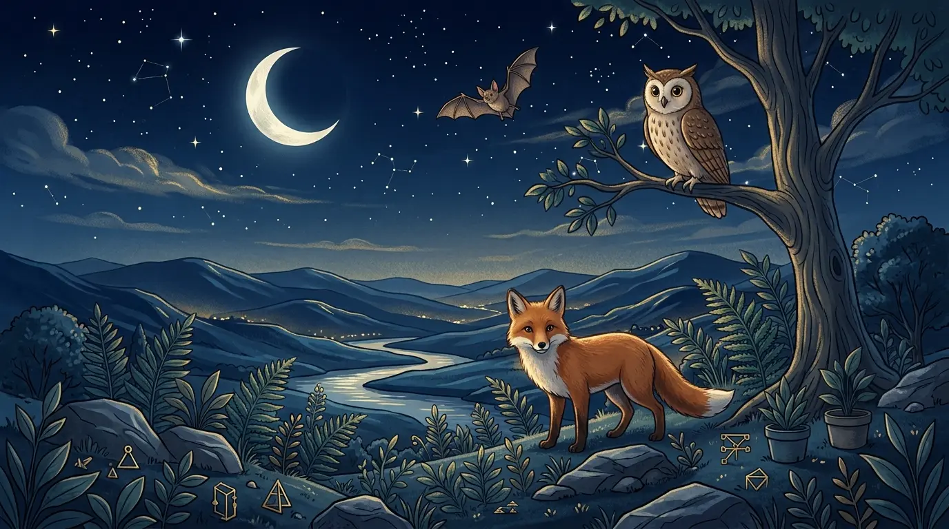 Friendly owl, bat, and fox in a moonlit woodland clearing.