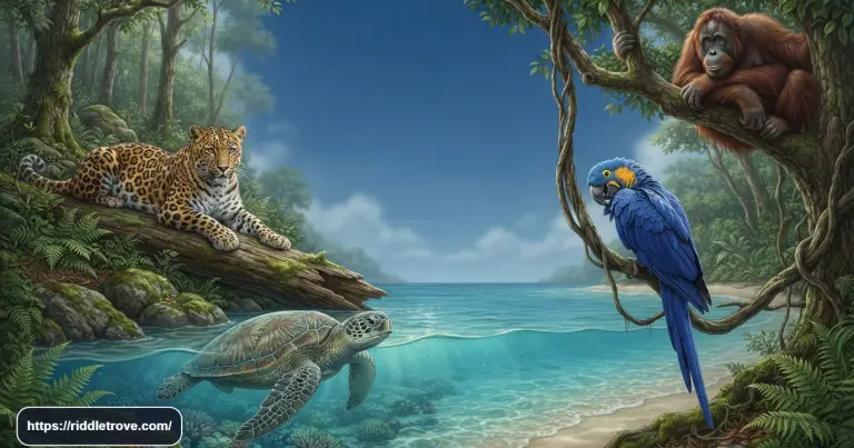 Endangered tiger, sea turtle, orangutan, and colorful parrot featured in a wildlife riddle scene