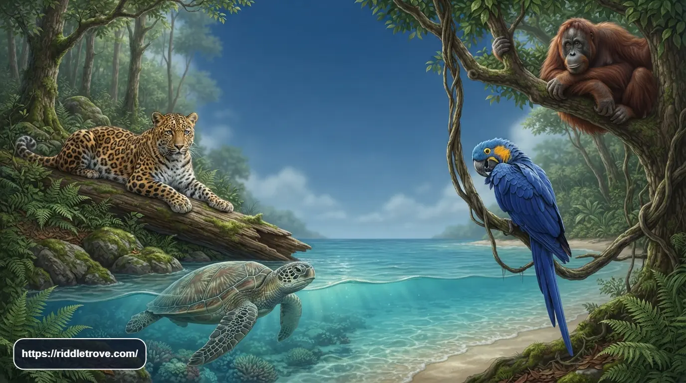 Endangered tiger, sea turtle, orangutan, and colorful parrot featured in a wildlife riddle scene
