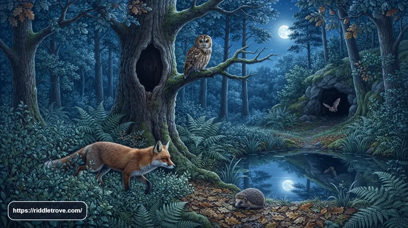 Fox, hedgehog, bat, and owl in a forest with caves and trees under moonlight.