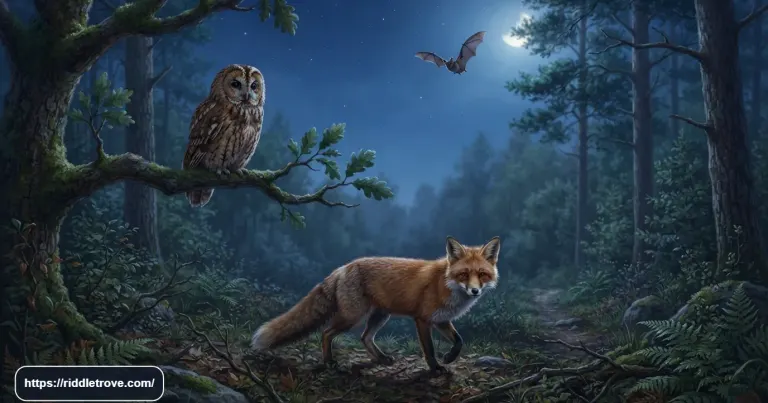 n owl, bat, and fox in a moonlit forest at night.