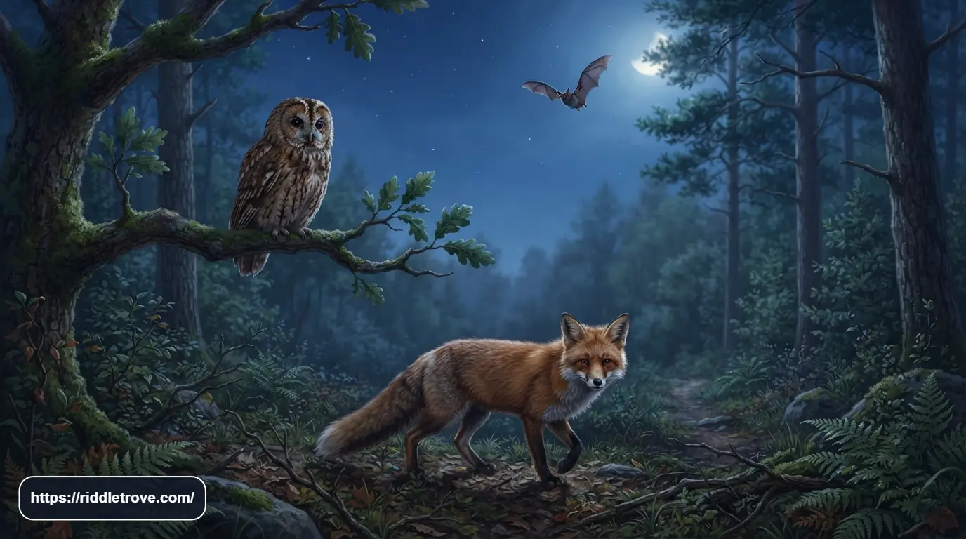 n owl, bat, and fox in a moonlit forest at night.