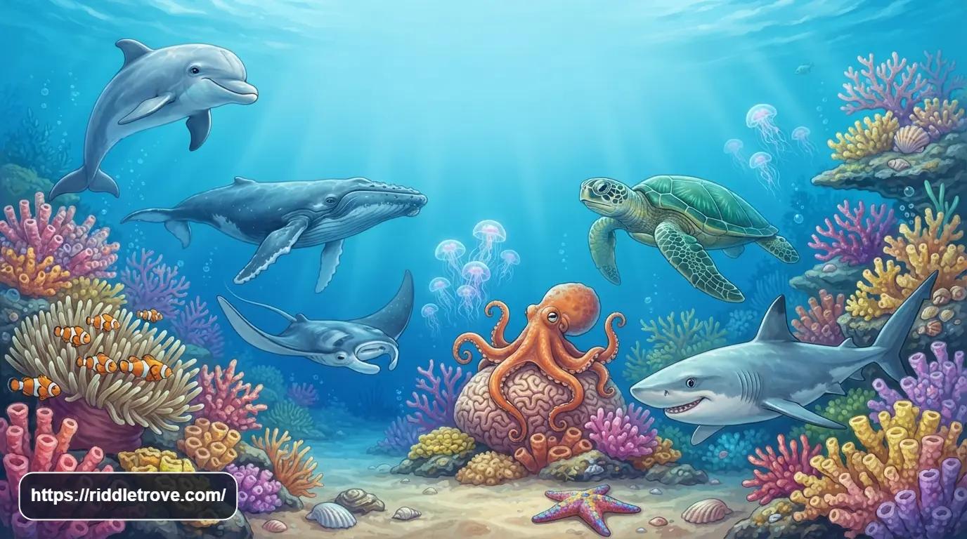 Colorful ocean animals surrounding a child-friendly riddle scene