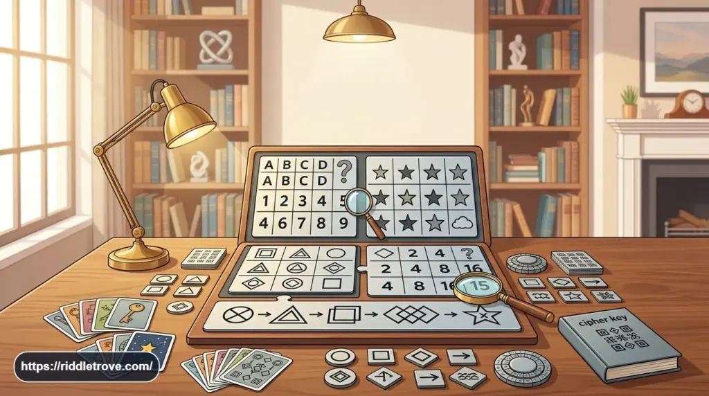 Odd-one-out pattern riddles showing numbers, shapes, letters, and symbols with one item breaking the pattern.