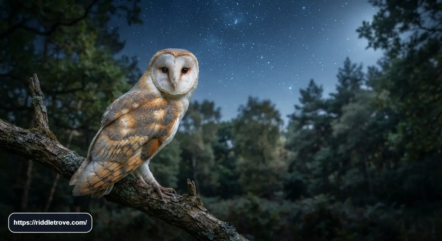 A barn owl perched on a woodland branch beneath the night sky