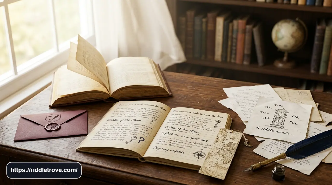 Paper, notebook, book pages, and writing materials for page riddles