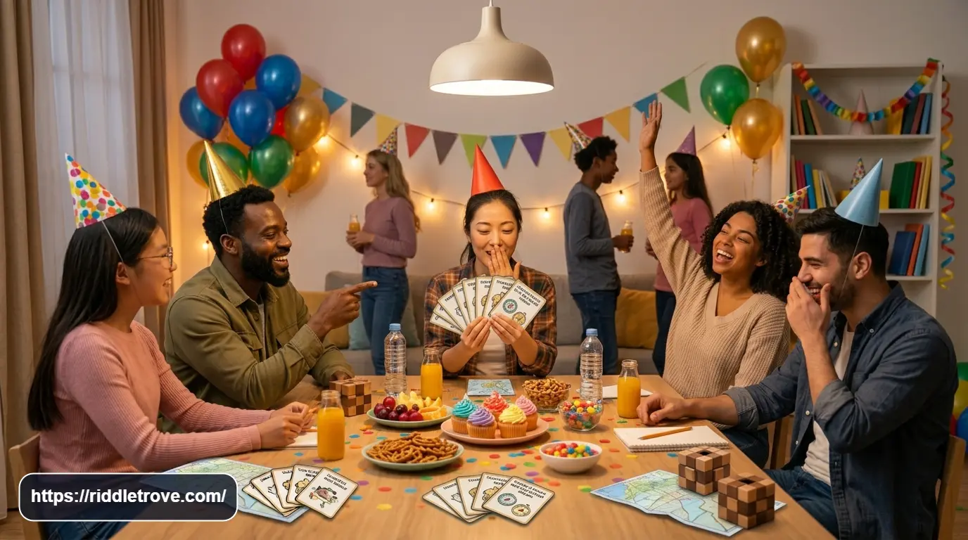 Friends playing icebreaker riddles at a colorful party gathering

