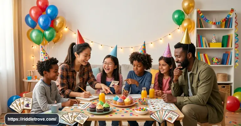 Friends solving fun party riddles together at a colorful celebration