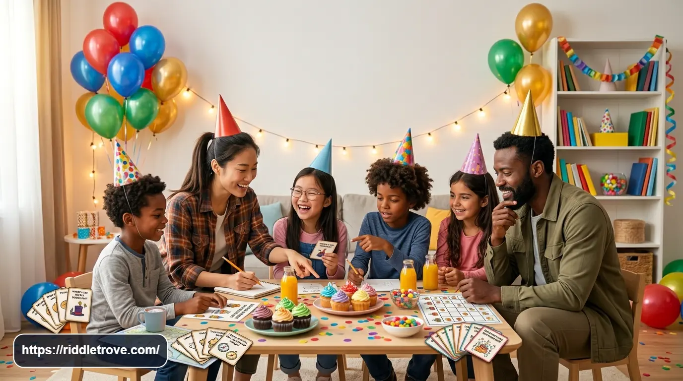 Friends solving fun party riddles together at a colorful celebration