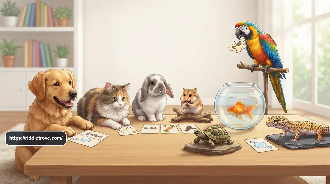 Colorful pets gathered around playful riddle cards for kids