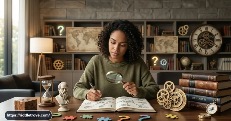 Person solving philosophical riddles with abstract ideas and question symbols