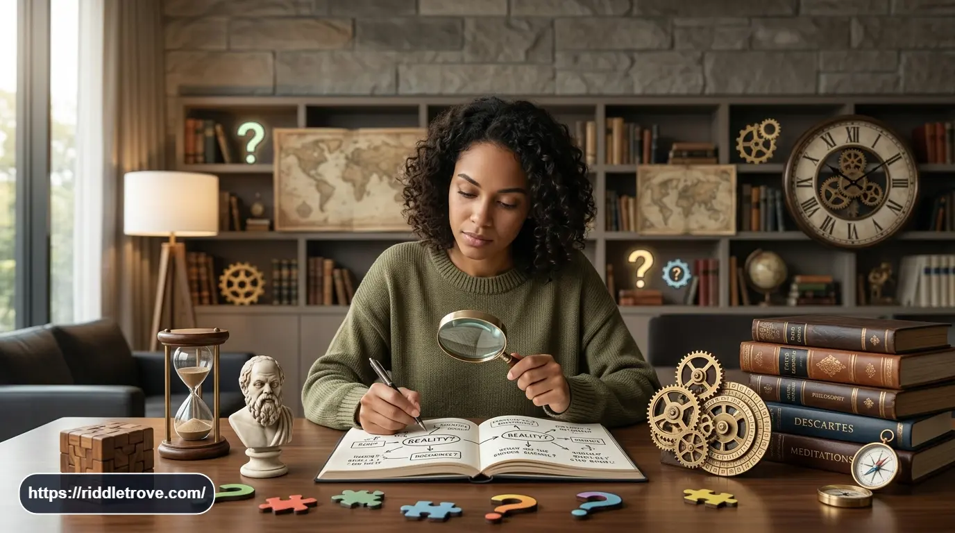 Person solving philosophical riddles with abstract ideas and question symbols