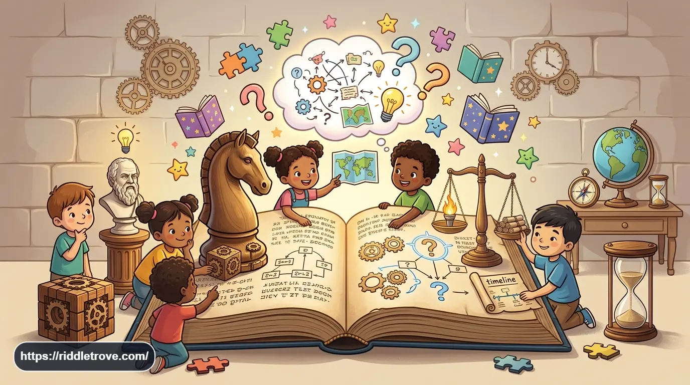 Philosophical riddles for kids with curious children, puzzles, books, and thought bubbles