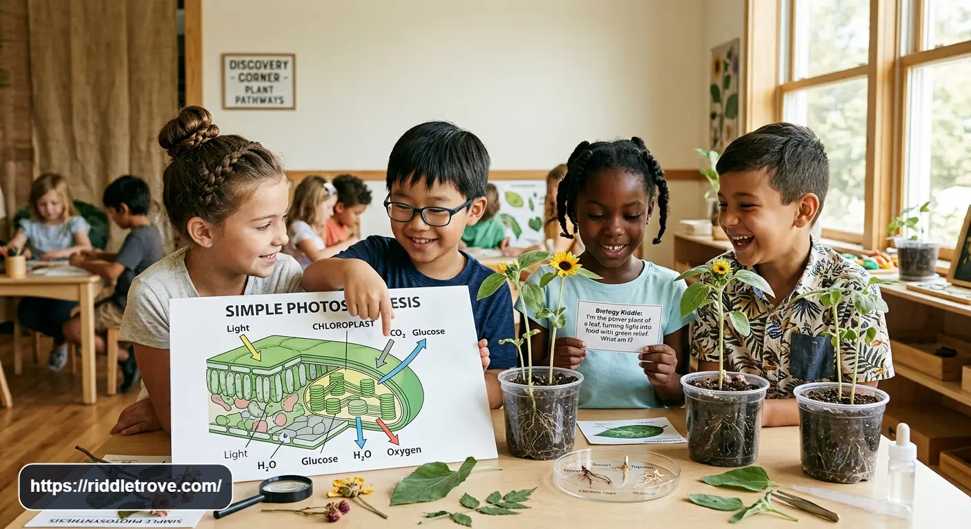 Children solving plant biology riddles beside green leaves and seedlings

