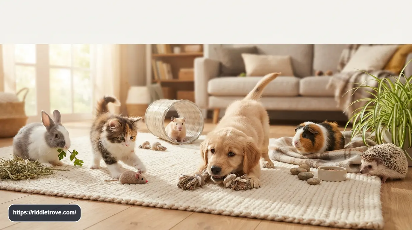 Playful puppy kitten rabbit and other young pets together

