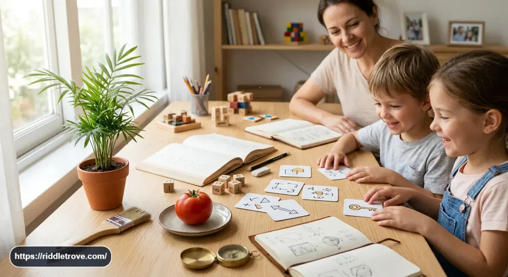 Family-friendly playful objects arranged for a funny riddle activity
