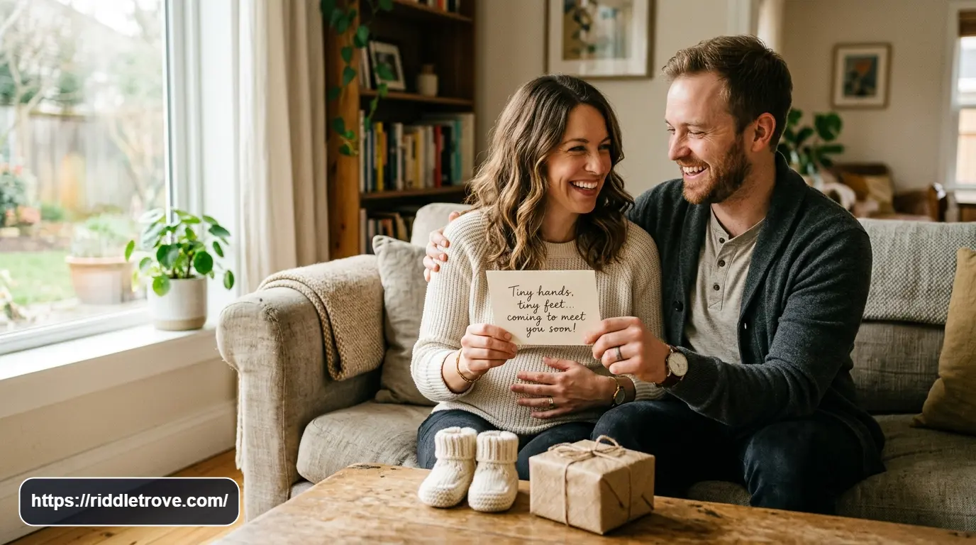 Couple revealing pregnancy news with tiny baby shoes and a playful announcement card.