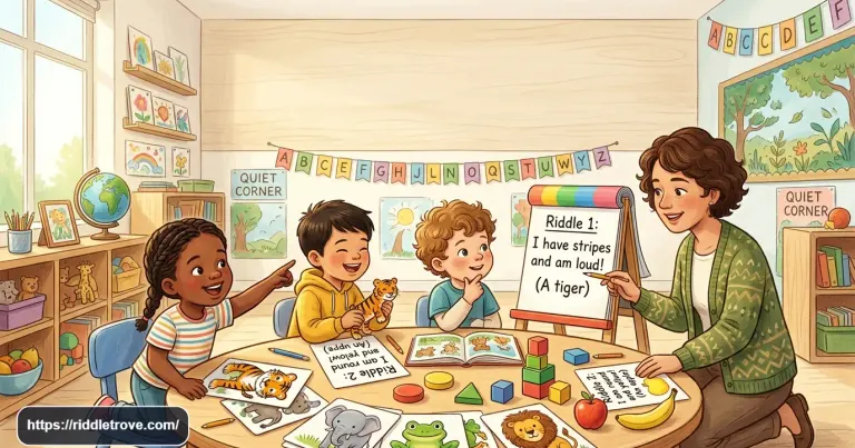 Preschool children solving fun riddles together with colorful learning objects