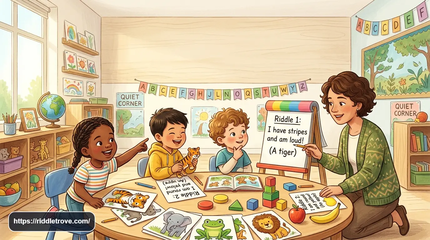 Preschool children solving fun riddles together with colorful learning objects