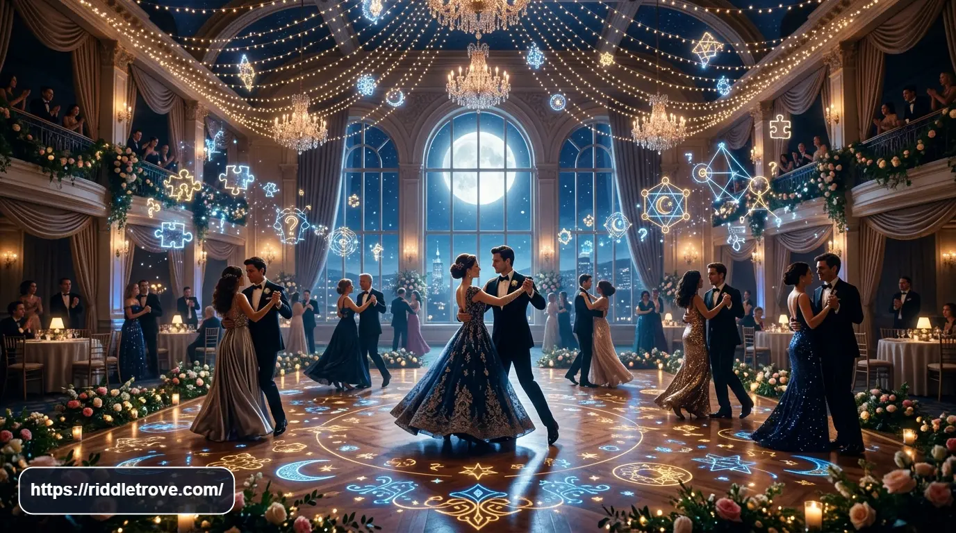Prom night riddles with a decorated ballroom and dancing guests