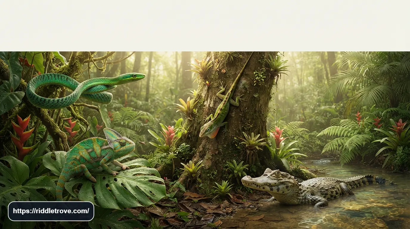 Snake crocodile chameleon and lizard in a tropical rainforest