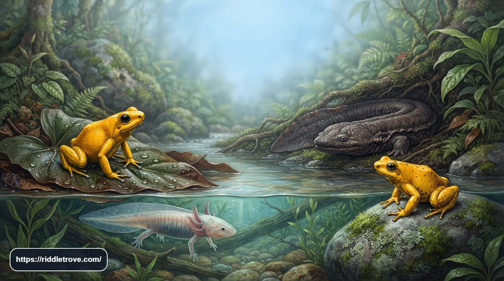 Axolotl, golden poison frog, Panamanian golden frog, and giant salamander near freshwater habitats
