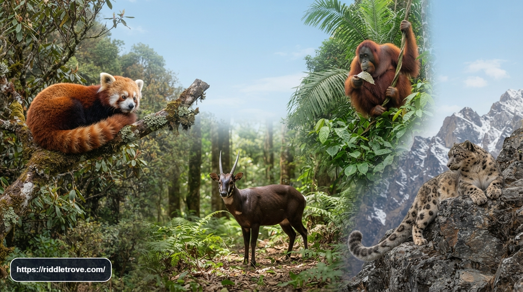 Red panda, orangutan, saola, and snow leopard shown in varied natural forest habitats