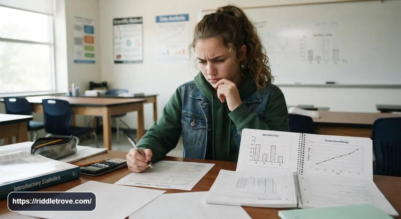 Student interpreting bar charts and data patterns in a statistics puzzle