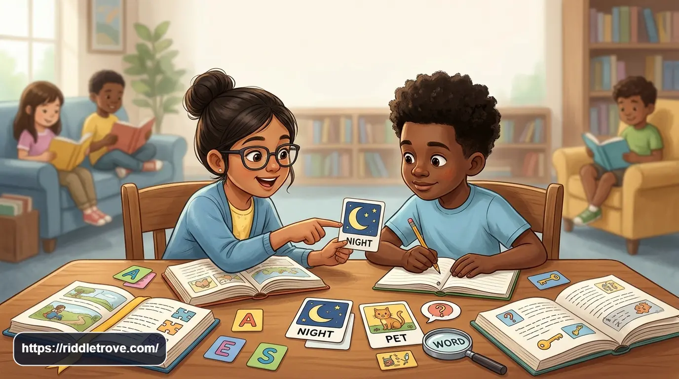 Kids solving reading riddles with books and colorful word clues