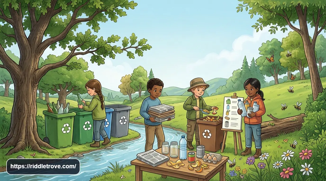Children sorting paper, glass, plastic, and compost into recycling and waste containers