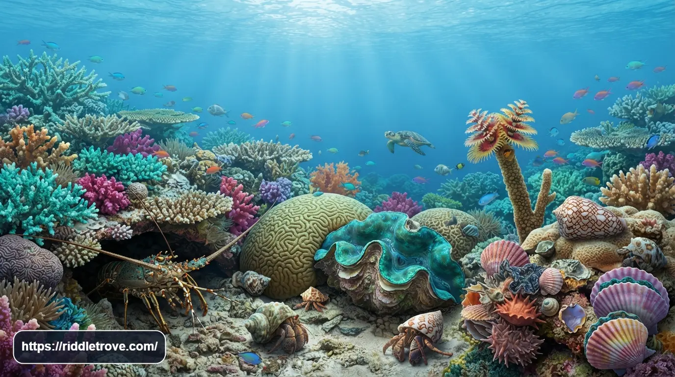 Colorful reef animals shells coral crabs and lobsters in clear ocean water

