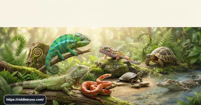 Kids solving reptile riddles featuring snakes, turtles, lizards, and crocodiles
