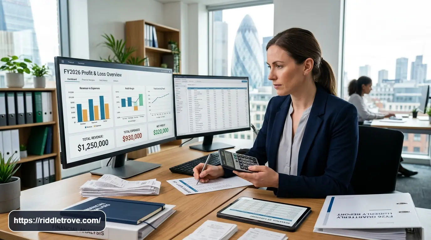 Accountant comparing revenue expenses and profit using financial charts

