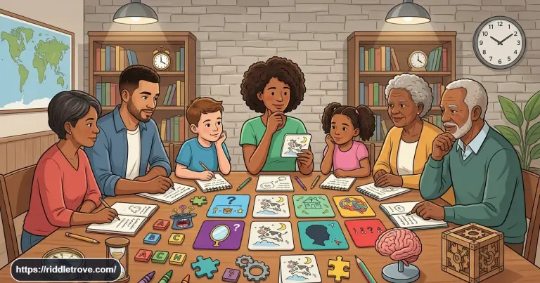 Family solving a riddle quiz with answer cards at a table