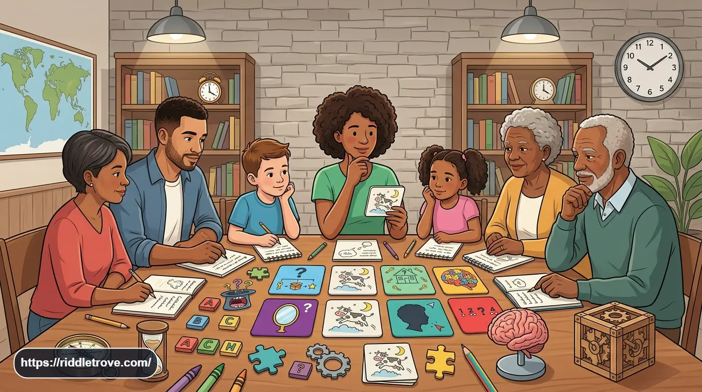 Family solving a riddle quiz with answer cards at a table