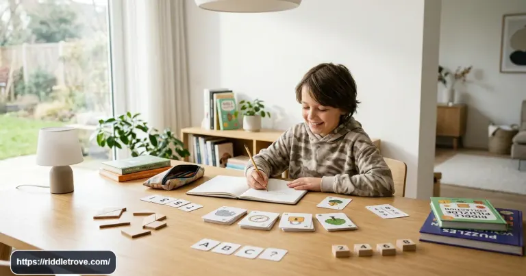 11-year-old child solving clever riddles at a colorful puzzle table