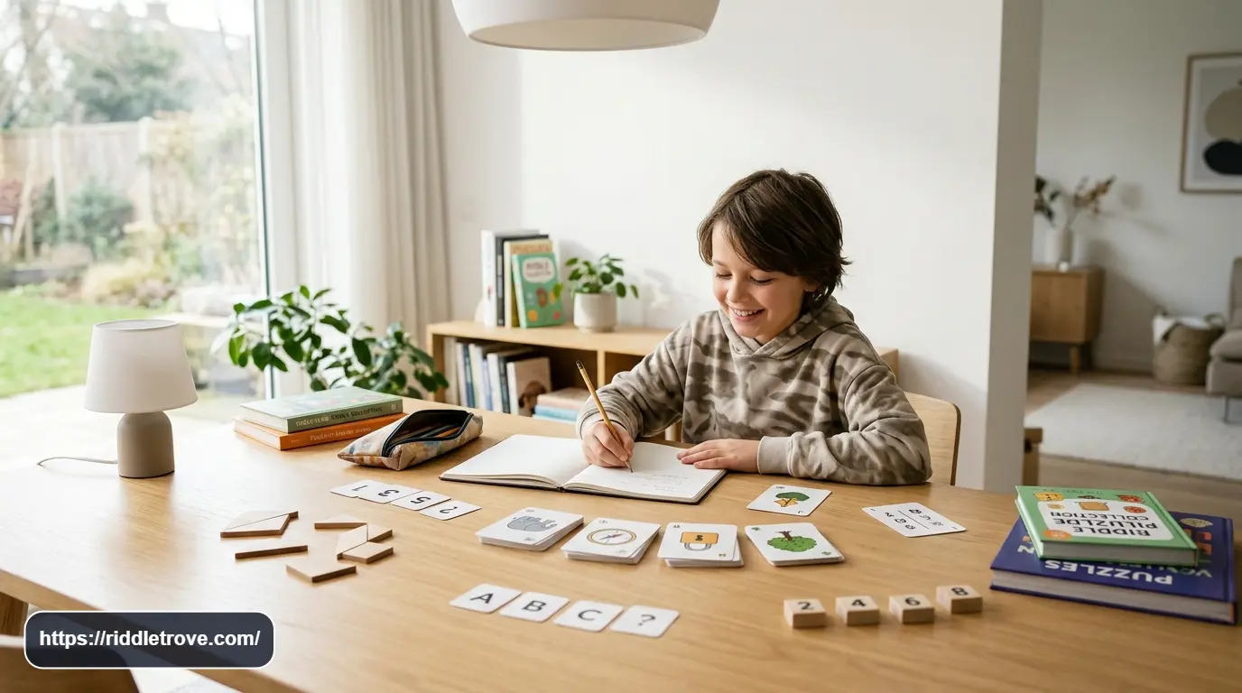 11-year-old child solving clever riddles at a colorful puzzle table