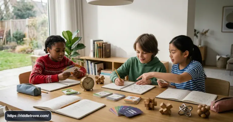 Twelve-year-olds solving clever riddles together at a table