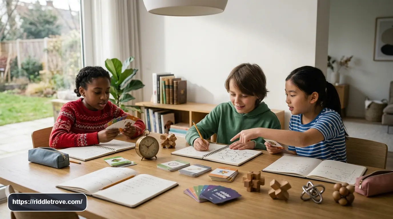 Twelve-year-olds solving clever riddles together at a table