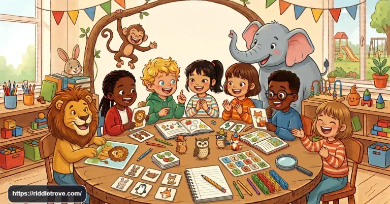 Kids solving fun riddles and brain teasers together at a table