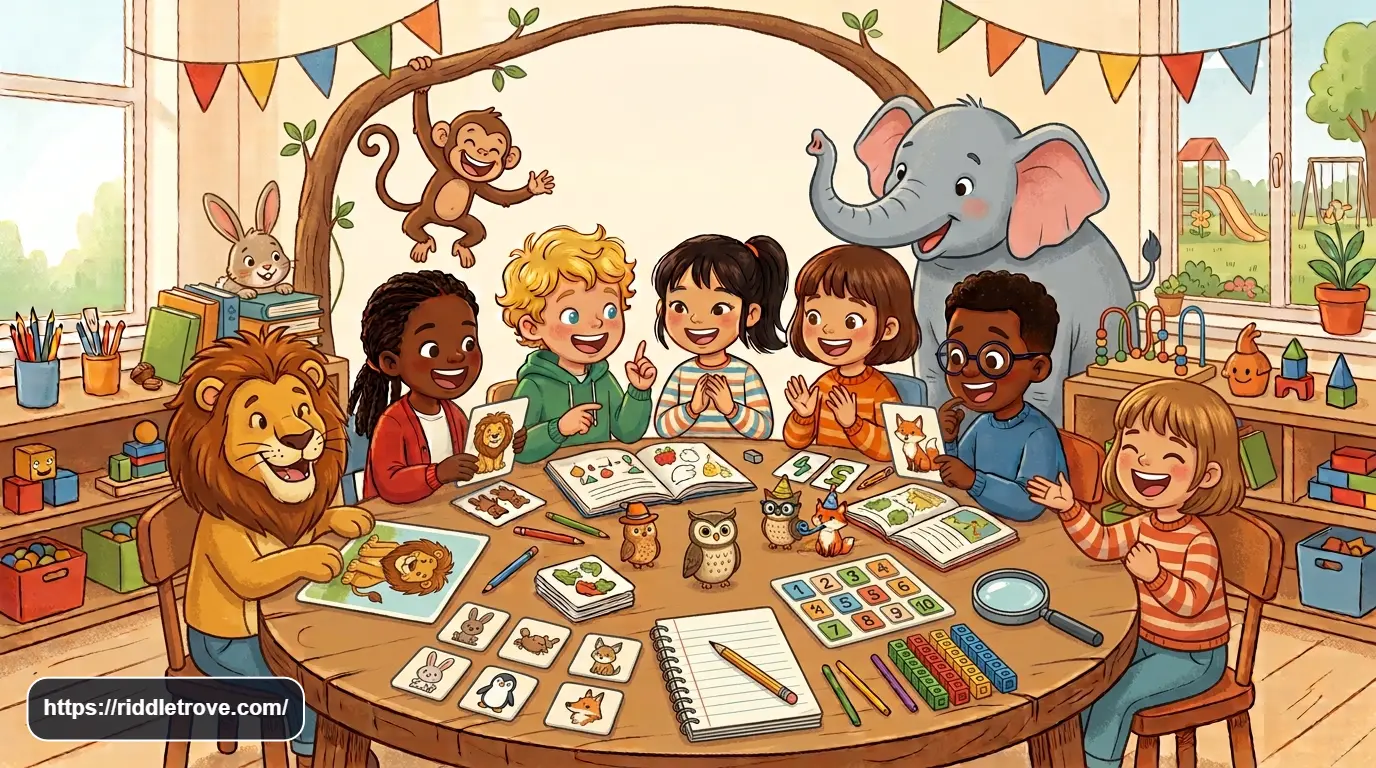 Kids solving fun riddles and brain teasers together at a table