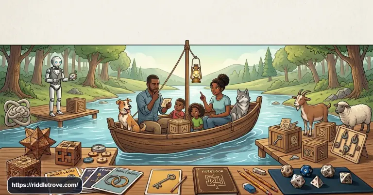 River crossing riddles with answers showing a boat and puzzle challenge