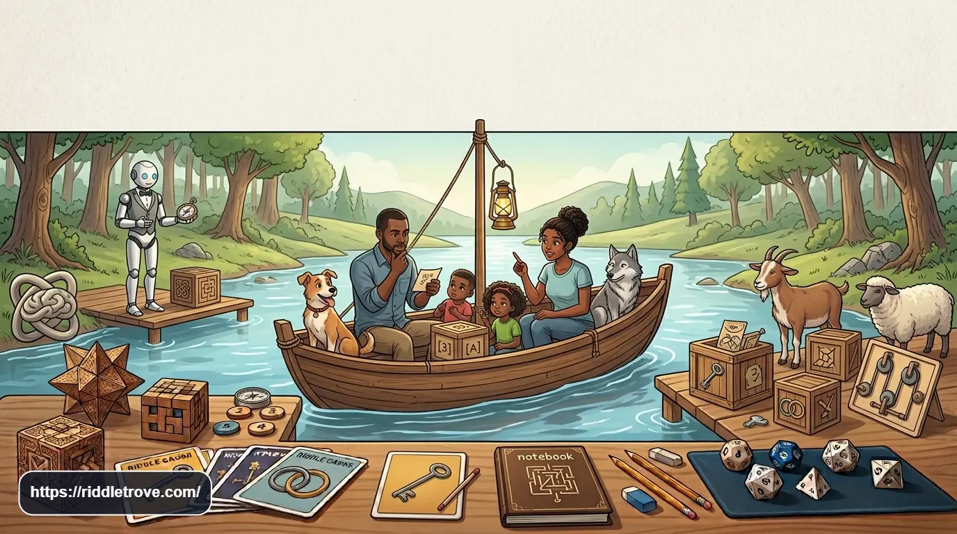 River crossing riddles with answers showing a boat and puzzle challenge